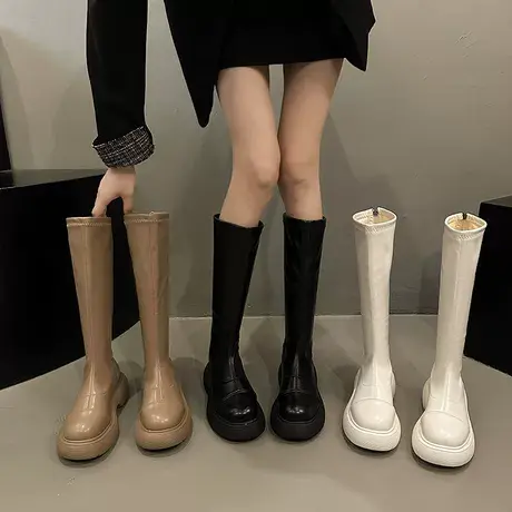 长筒靴女2023新款切尔西靴秋冬季长靴子厚底瘦瘦靴白色高筒骑士靴商品大图