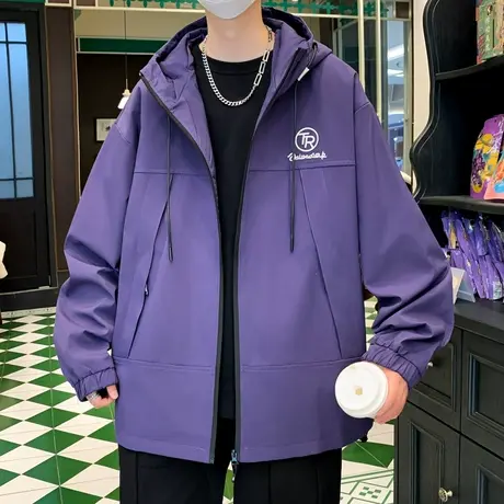 潮流百搭纯色连帽夹克男士外套2024春秋季新款青年刺绣上衣服男装商品大图