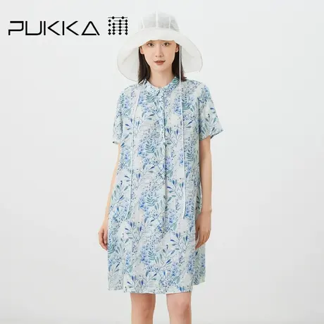 蒲PUKKA 原创设计2023夏季亚麻印花短袖A型小个子连衣裙图片