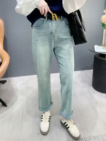 网红浅蓝色水洗做旧直筒牛仔裤女春季新款洋气显瘦设计感百搭长裤图片