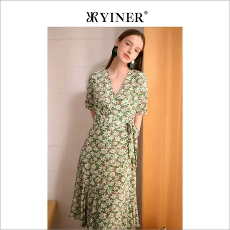 YINER音儿女装夏季V领碎花桑蚕丝显瘦系带连衣裙商品大图