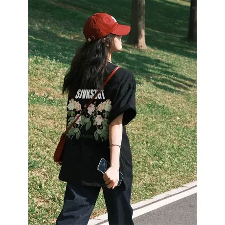 纯棉oversize设计感短袖t恤女夏季小众宽松港味复古chic上衣体恤商品大图