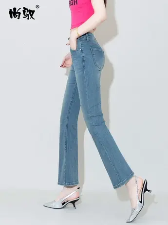 蓝色弹力高腰牛仔九分刺绣喇叭裤2024年春季新款显高显瘦微喇裤子图片