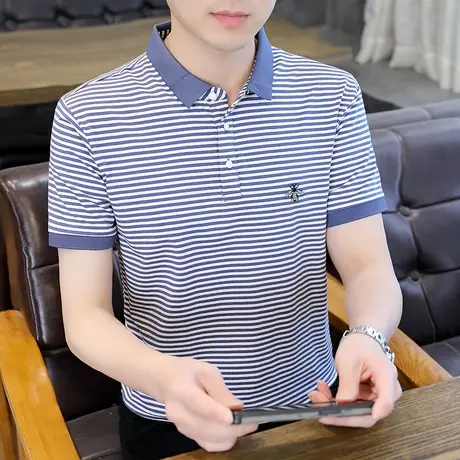 绣标翻领短袖Polo衫男T恤潮牌条纹时尚休闲衬衫领潮流半袖体恤棉t商品大图