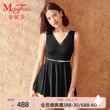 曼妮芬无袖无钢圈裙式连体游泳衣泡温泉度假女沙滩裙保守遮肚泳装商品大图