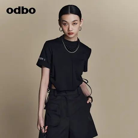 odbo/欧迪比欧原创黑色短袖T恤女夏季2023年新款抽绳辣妹短款上衣图片