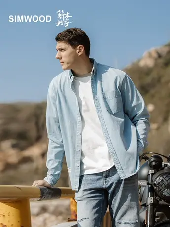 Simwood简木丹宁【宽松版型】秋季新款7盎司休闲水洗做旧牛仔衬衫图片