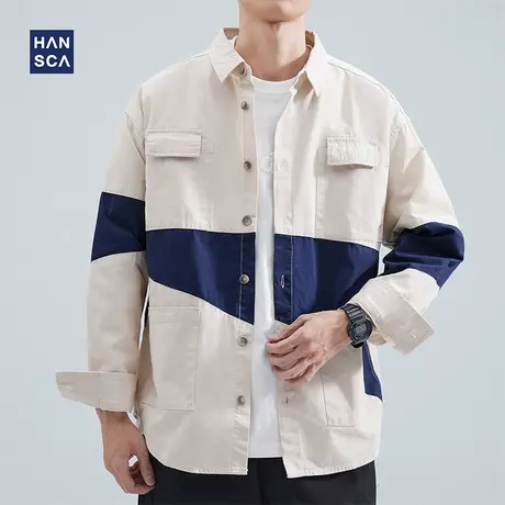 hansca纯棉衬衫男长袖宽松复古春季新款潮牌拼接美式休闲衬衣外套商品大图