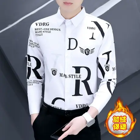 秋冬季潮牌个性字母印花白色衬衫加绒加厚痞帅男士长袖保暖衬衣服商品大图