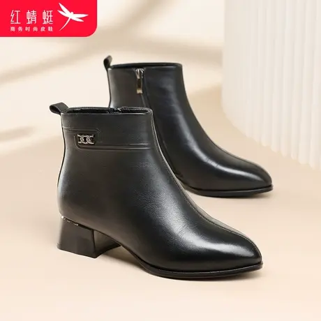 红蜻蜓女靴冬季真皮时装靴加绒保暖短筒棉靴百搭显瘦女士粗跟短靴商品大图