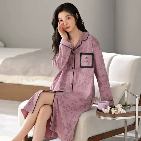婷美纯棉春秋季新款睡裙女士长袖开衫翻领过膝中长款连衣裙家居服商品大图