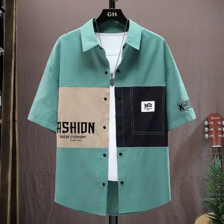 短袖衬衫男夏季撞色修身衬衣两件套男士新款休闲宽松潮流寸衫外套商品大图