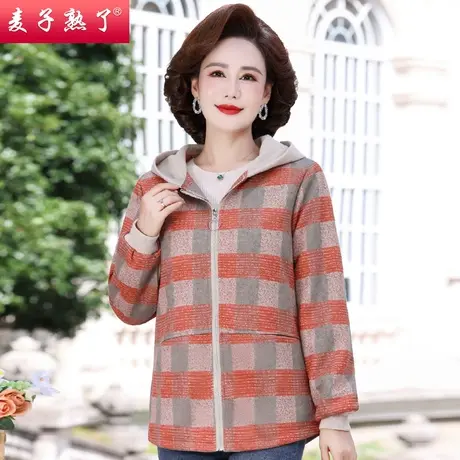 妈妈春装洋气外套大码休闲连帽卫衣中年中老年女春秋磨毛格子衬衫商品大图