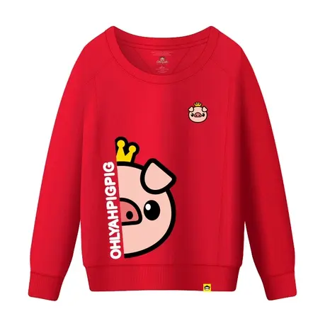 Ohlyah品牌宽松套头女装卫衣红色大码纯棉圆领上衣小猪卡通新年装商品大图