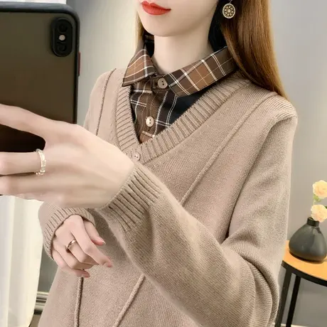 假两件女士毛衣2022年新款格子衬衫领韩版套头拼接针织上衣女宽松商品大图