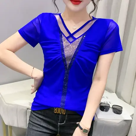 性感V领褶皱网纱T恤女短袖洋气烫钻百搭显瘦上衣修身漂亮小衫半袖商品大图