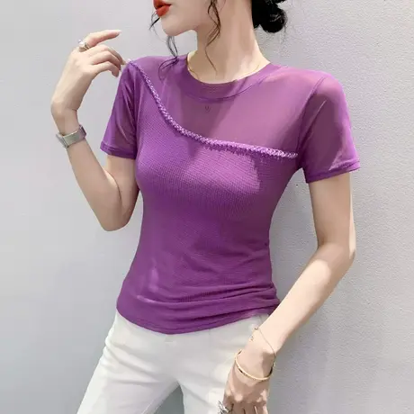 性感镂空短袖上衣女2023夏新款网纱拼接钉珠T恤短袖圆领修身小衫商品大图