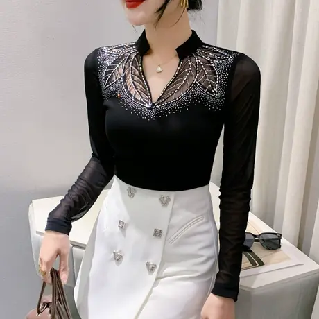 2023秋装新款性感V领T恤女长袖时尚烫钻打底衫网纱拼接镂空上衣潮商品大图