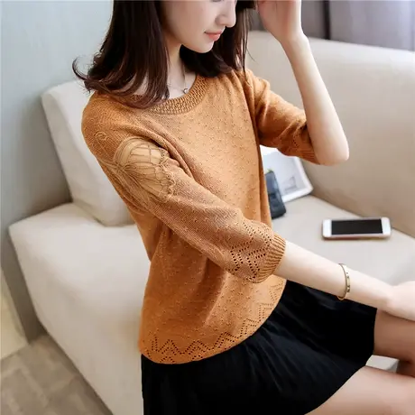 2022早春新款短款薄款镂空百搭蕾丝打底衫七分袖绣花圆领针织衫潮商品大图