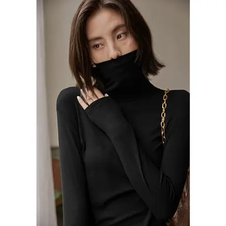 弥古黑色高领肌底衣堆堆领打底衫女秋季薄款长袖t恤内搭上衣秋装商品大图