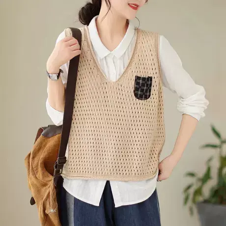 文艺复古贴布棉线针织马夹春秋季新款宽松V领马甲坎肩女背心外搭商品大图