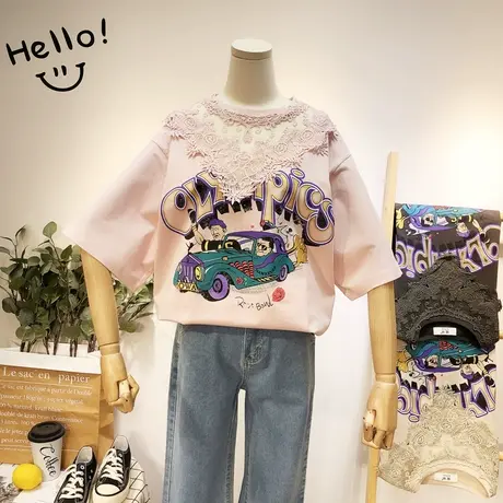 2020夏季新款韩国东大门ins复古甜美蕾丝短袖T恤休闲体恤宽松大码商品大图