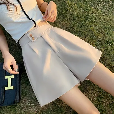 卡其小个子西装裤外穿短裤女2023年新款高腰显瘦宽松阔腿休闲裤子图片