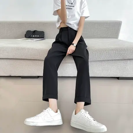 黑色西装裤女九分夏季2023年薄款高腰直筒宽松显瘦翻边冰丝哈伦裤图片