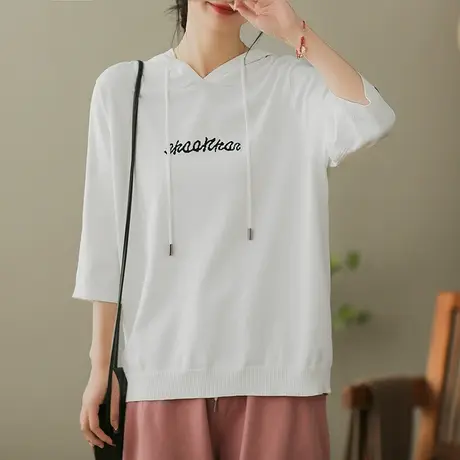 dza文艺复古连帽T恤女2023春夏新款宽松白色体恤气质百搭打底上衣商品大图