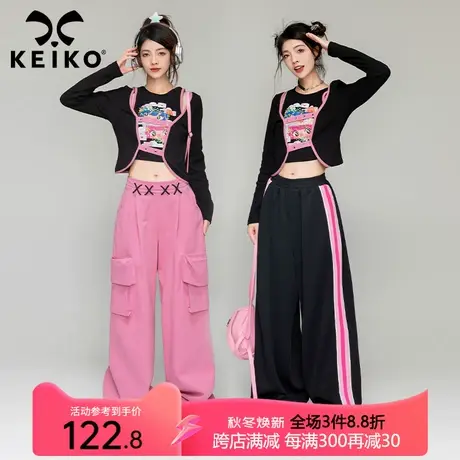 KEIKO 辣妹假两件长袖t恤女2023秋季设计感日系印花显瘦短款上衣图片