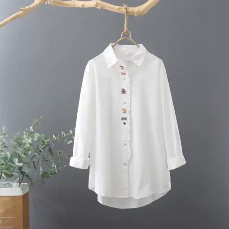 2023年春季新款中长款白衬衫女韩范长袖打底衫纯棉宽松纯色上衣图片