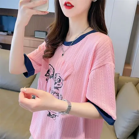设计感小众短袖t恤女夏季韩版宽松大码女装撞色可爱百搭学生上衣图片