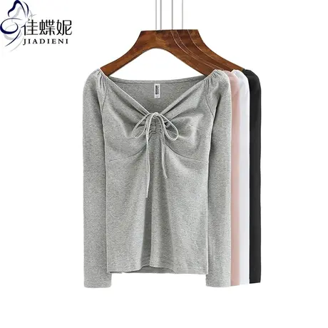 春秋季新纯棉V领抽绳显瘦长袖修身体恤打底衫上衣韩版女装内搭T恤图片