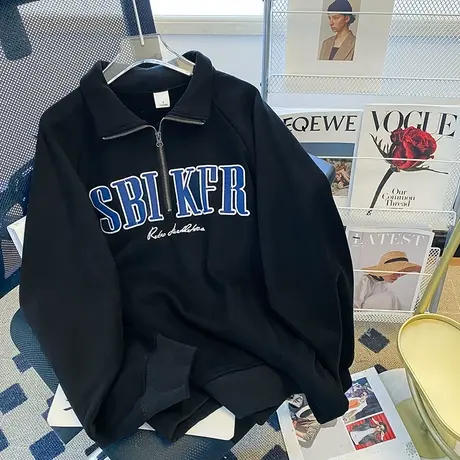 翻领半拉链卫衣女大码秋冬加绒加厚潮牌复古港风chic慵懒套头上衣图片