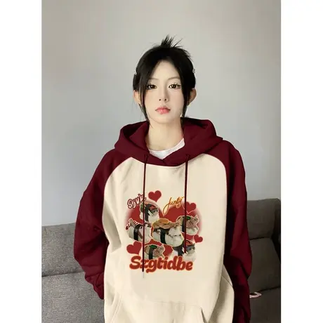 拼色插肩袖连帽卫衣女春秋薄款小众设计感连帽宽松oversize外套潮商品大图