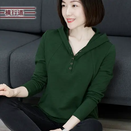 黑色连帽宽松上衣纯棉中年妈妈长袖t恤女墨绿色竹节棉打底衫冬季商品大图