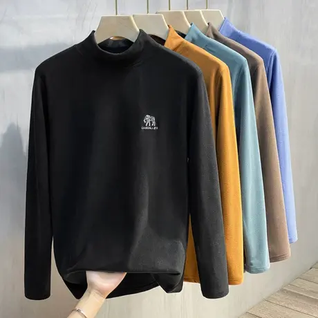 半高领双面德绒打底衫男秋冬新款刺绣加绒加厚保暖衣重磅长袖t恤图片