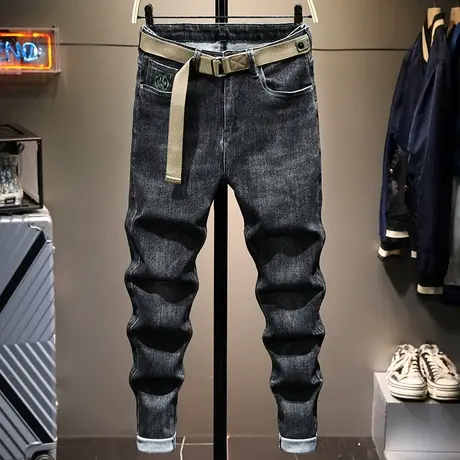 牛仔裤男秋冬2021年新款高端轻奢黑灰色刺绣微弹水洗潮牌修身小脚商品大图