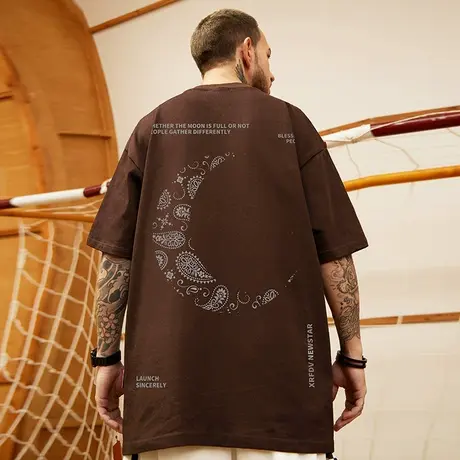 大码男装夏季美式短袖t恤男生街头胖子潮牌纯棉重磅咖色半袖潮流商品大图