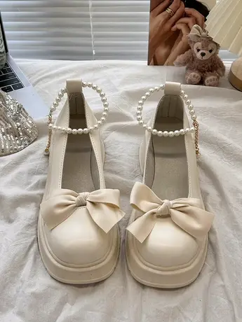 法式玛丽珍鞋女2023年新款春季珍珠蝴蝶结白色配裙子单鞋jk小皮鞋商品大图