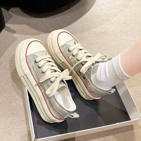 复古水洗牛仔帆布鞋女2023夏秋季新款韩版小众设计感厚底休闲板鞋图片