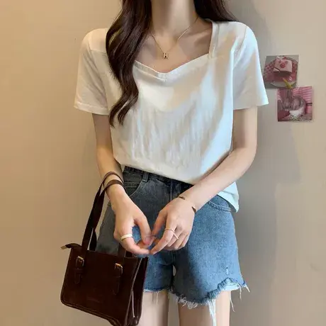 大码女装法式设计感方领短袖正肩t恤女胖妹妹mm气质显瘦上衣200斤商品大图