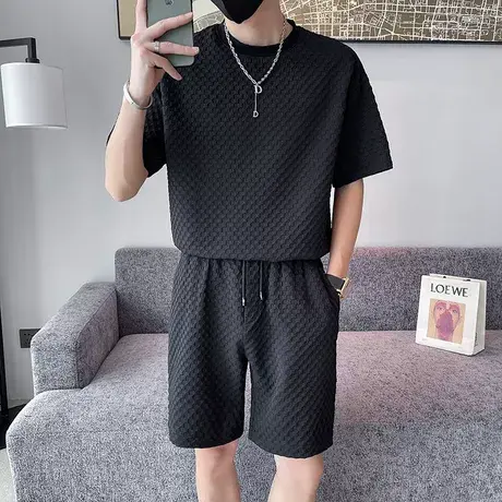 夏季休闲套装两件套短袖短裤纯色格子个性潮流ins潮牌男装运动装图片