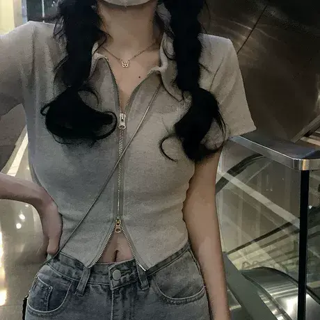 大码纯欲风辣妹polo领短款T恤女胖mm夏设计感短袖上衣ins潮200斤商品大图