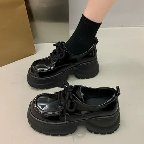 厚底乐福鞋女2024年新款百搭英伦小个子单鞋配裙子黑色漆皮小皮鞋商品大图