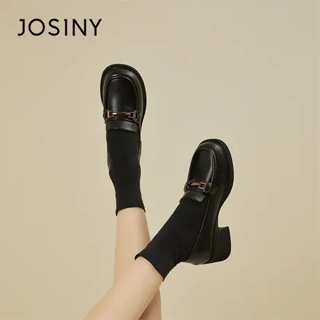 Josiny/卓诗尼黑色乐福鞋女2024新款春季增高气质单鞋粗跟小皮鞋商品大图