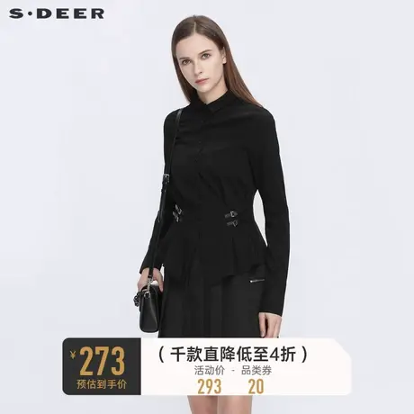 sdeer圣迪奥女装秋装休闲翻领搭袢拼接不规则长袖衬衫S21180521商品大图
