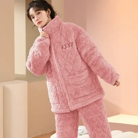 珊瑚绒睡衣女秋冬季三层夹棉加厚大码法兰绒家居服套装2023新款图片