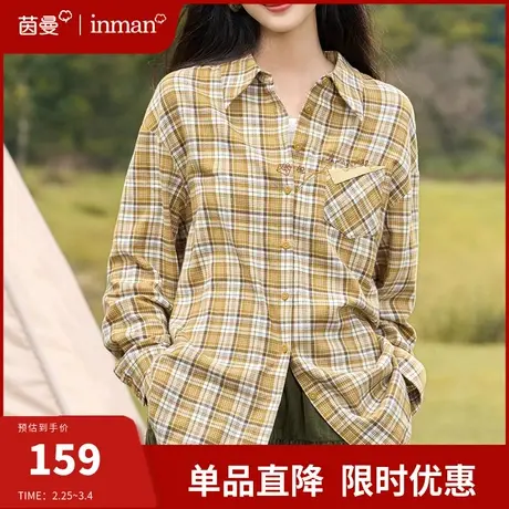 茵曼全棉格子长袖衬衫女中长款宽松上衣外套2024春季新款复古衬衣图片