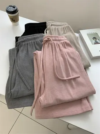 粉色高腰糯米裤女23秋冬慵懒风软糯垂感显瘦百搭高腰阔腿拖地长裤商品大图